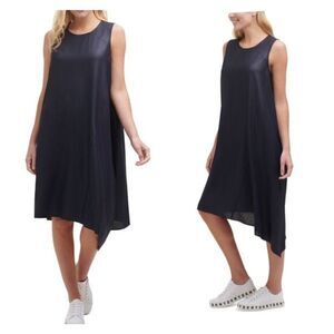 NWT DKNY Women Sleeveless Crew Neck Handkerchief Hem Shift MIDI Dress Blue Small